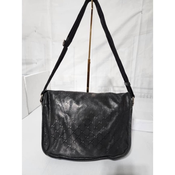 Authentic GUCCI Imprime Monogram Medium Double Buckle Flap Messenger Bag Black - Picture 4 of 16